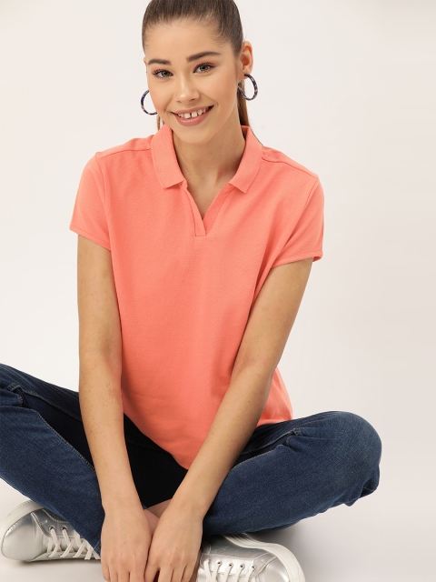 

DressBerry Women Peach-Coloured Solid Polo Collar T-shirt
