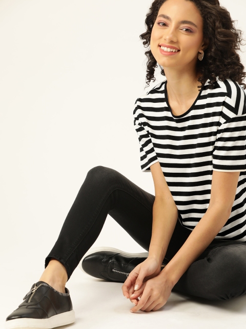 

DressBerry Women White Black Pure Cotton Striped Round Neck Pure Cotton T-shirt
