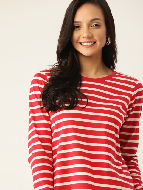 

DressBerry Women Red Striped Pure Cotton Round Neck T-shirt