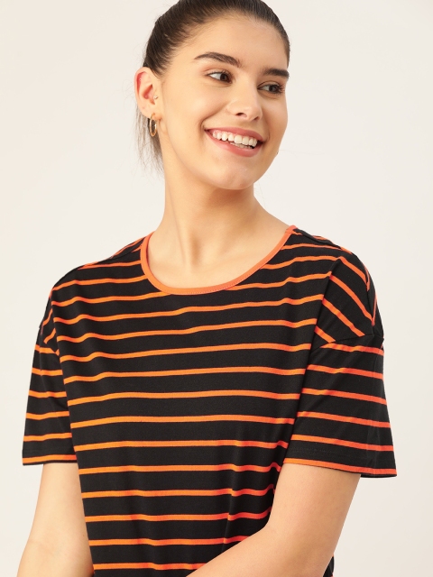 

DressBerry Women Black & Orange Striped Pure Cotton T-shirt