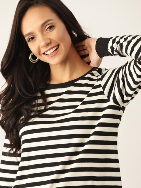

DressBerry Women Black & White Striped Pure Cotton Round Neck T-shirt