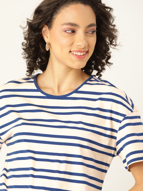 

DressBerry Women Cream-Coloured & Blue Pure Cotton Striped Round Neck T-shirt