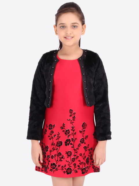 

CUTECUMBER Girls Red Printed A-Line Dress with Shrug