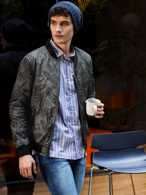 

Flying Machine Men Charcoal Grey Tropical Print Bomber Jacket