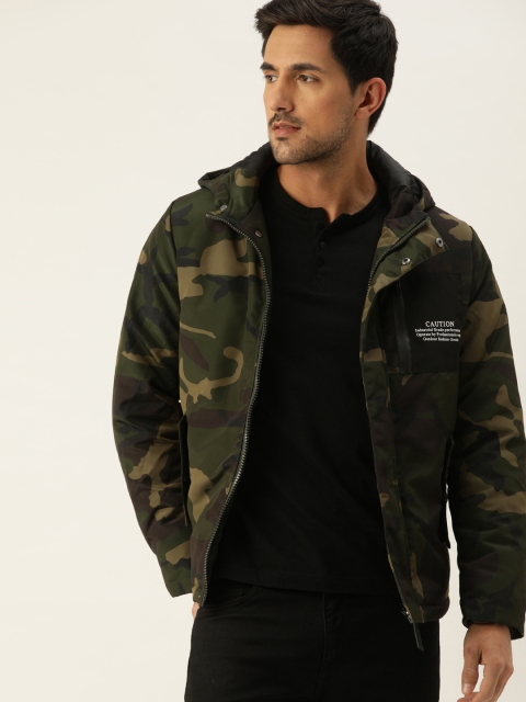

Flying Machine Men Olive Green Camouflage Print Hooded Tailored Jacket