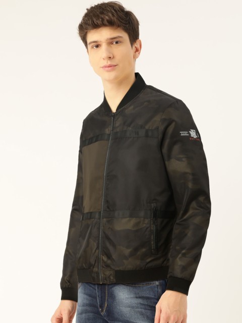 

Flying Machine Men Olive Green Black Camouflage Biker Jacket