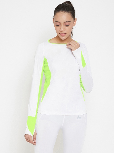 

AGIL ATHLETICA Women White & Fluorescent Green Agil Athletica Round Neck T-shirt