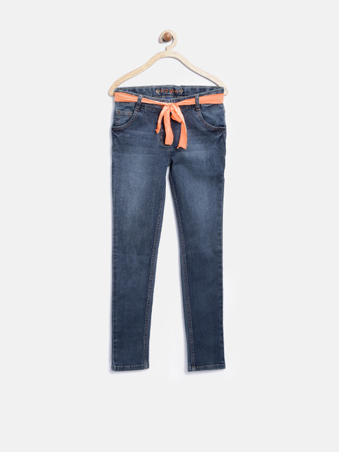 

612 League Girls Navy Blue Washed Jeans with Belt