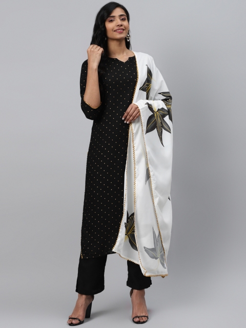 

KALINI Women Black & Golden Polka Print Kurta with Trousers & Dupatta