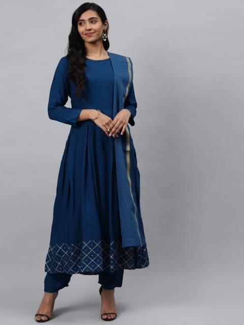 

GoSriKi Women Navy Blue Solid Kurta with Trousers & Dupatta