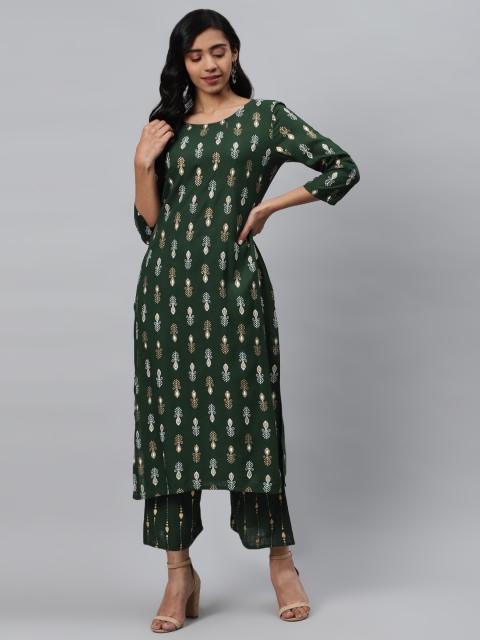 

KALINI Women Green & Golden Ethnic Printed Kurta with Trousers