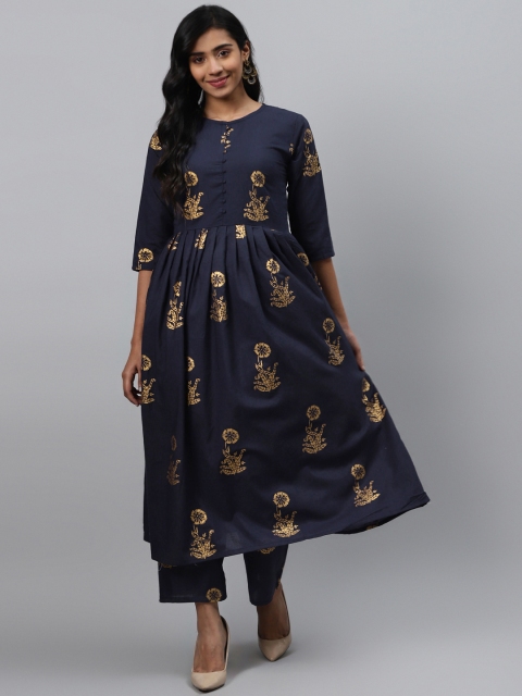 

KALINI Women Navy Blue & Golden Floral Printed Kurta with Palazzos