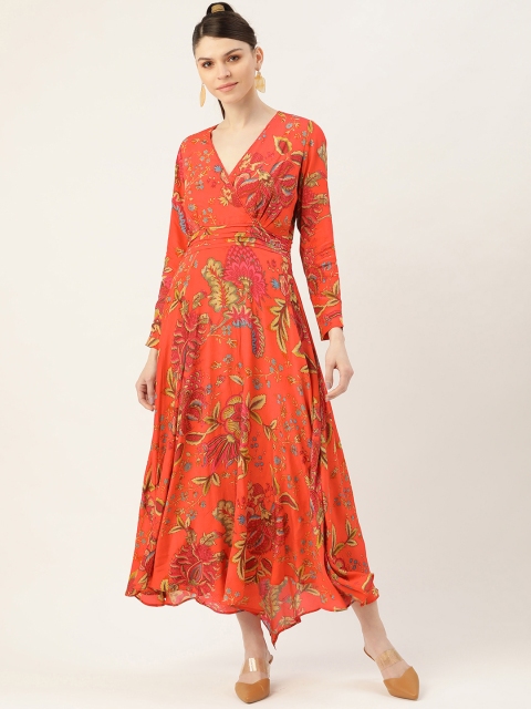 

Label Ritu Kumar Women Coral Orange & Pink Floral Printed Maxi Dress