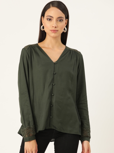 

Label Ritu Kumar Women Olive Green Solid Scalloped Lace Shirt Style Top