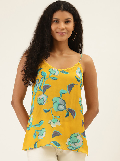

Label Ritu Kumar Women Mustard Yellow & Green Satin Finish Printed Cami Top
