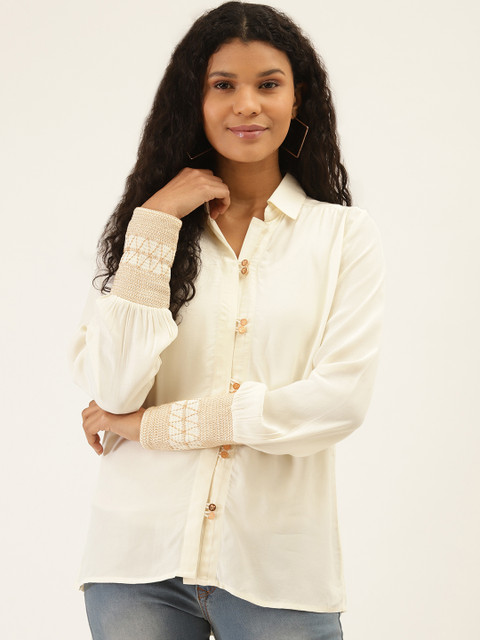 

Label Ritu Kumar Women Off-White Solid Casual Shirt