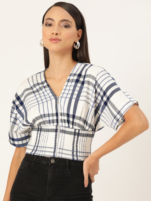 

Label Ritu Kumar Women White & Navy Blue Checked Cinched Waist Top