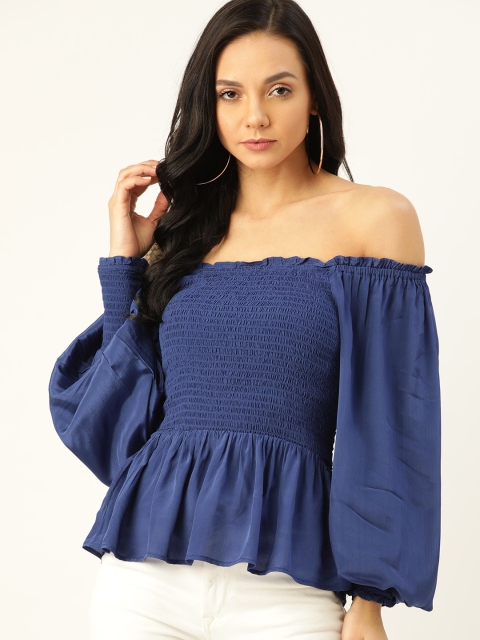 

Label Ritu Kumar Women Blue Solid Smocked Bardot Top