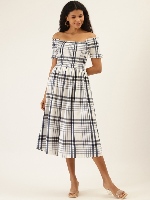 

Label Ritu Kumar Women White & Navy Blue Checked A-Line Dress