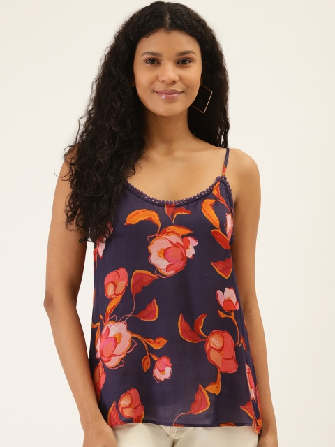 

Label Ritu Kumar Women Navy Blue & Peach-Coloured Satin Finish Floral Print Top