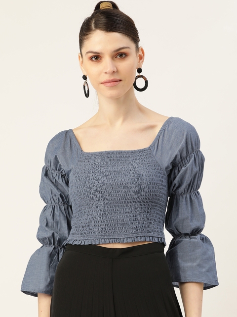 

Label Ritu Kumar Women Blue Pure Cotton Solid Smocked Top