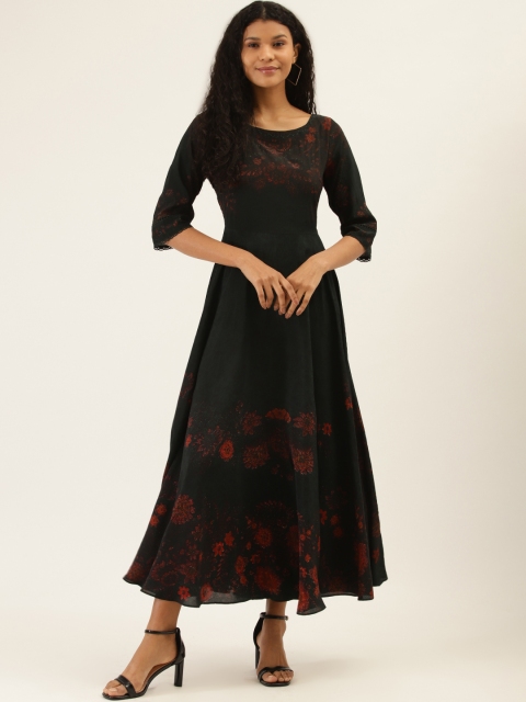 

Label Ritu Kumar Women Green & Black Floral Printed Maxi Dress