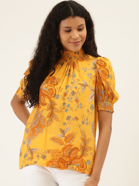 

Label Ritu Kumar Women Mustard Yellow & Blue Floral Print Top