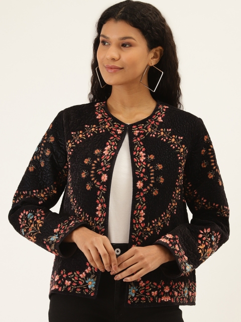 

Label Ritu Kumar Women Navy Blue & Pink Floral Printed Open Front Jacket