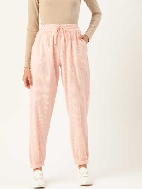 

Label Ritu Kumar Women Pink & White Seersucker Slim Fit Striped Joggers
