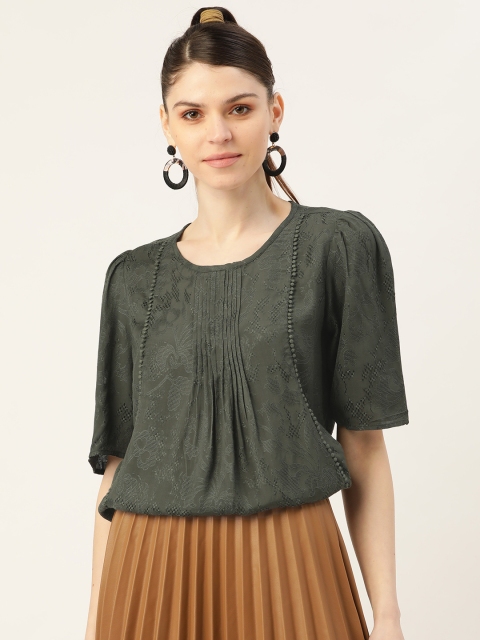 

Label Ritu Kumar Women Olive Green Self Design Pleated Detail A-Line Top