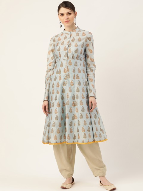 

Ritu Kumar Women Blue & Mustard Yellow Paisley Printed A-Line Kurta With An Inner
