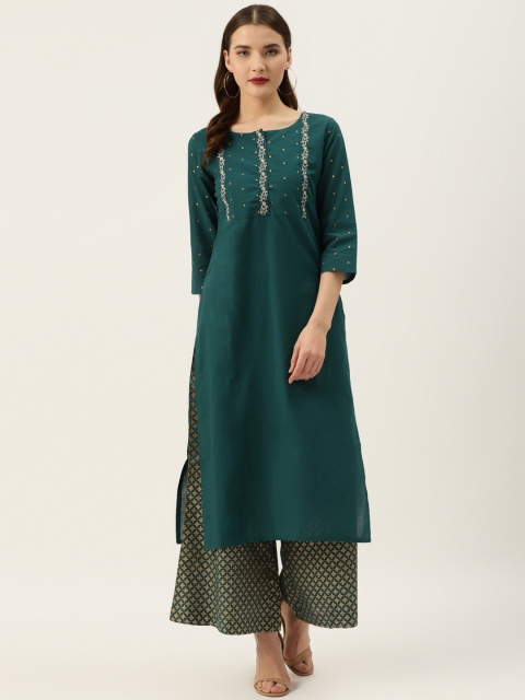 

Varanga Women Teal Blue & Golden Zari Yoke Design Kurta with Palazzos