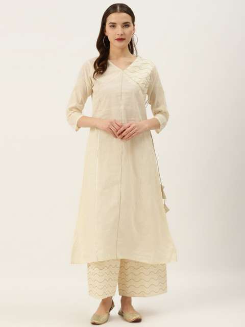 

Varanga Women Cream-Coloured Solid Angrakha Kurta with Palazzos