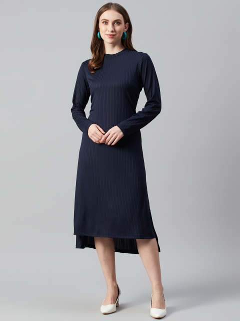 

Femella Women Navy Blue Self-Striped High-Low A-Line Dress