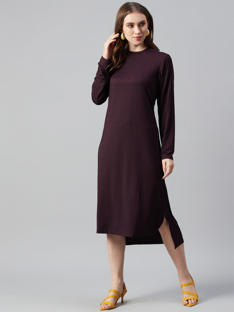 

Femella Women Wine-Coloured Self-Striped High-Low A-Line Dress, Burgundy