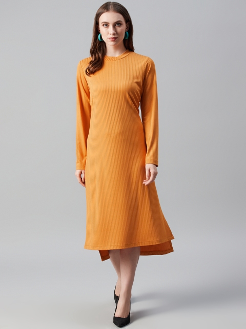 

Femella Women Mustard Yellow Self-Striped High-Low A-Line Dress