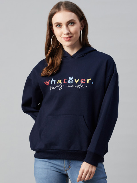 

Femella Women Navy Blue Typography Print Hooded Sweatshirt