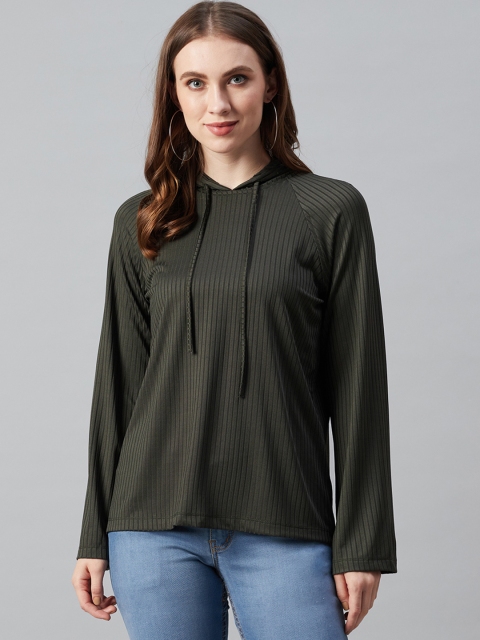 

Femella Women Olive Green Self-Striped Hooded Sweatshirt