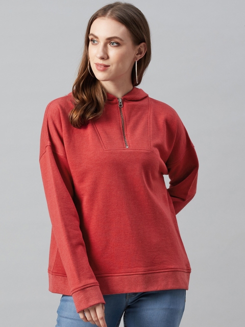 

Femella Women Red Solid Hooded Sweatshirt