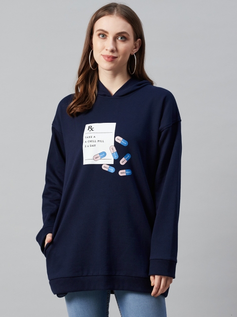 

Femella Women Navy Blue & White Typography Print Hooded Sweatshirt