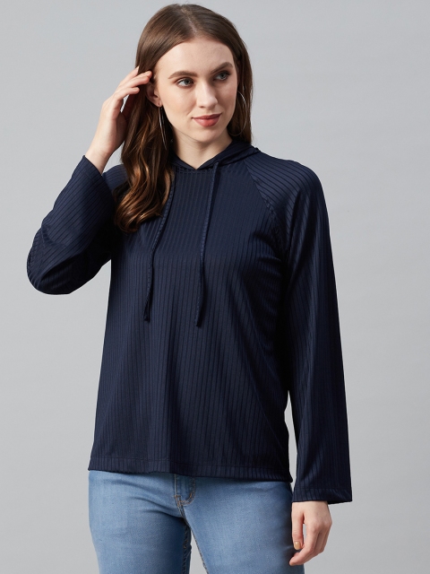 

Femella Women Navy Blue Ribbed Hooded T-shirt