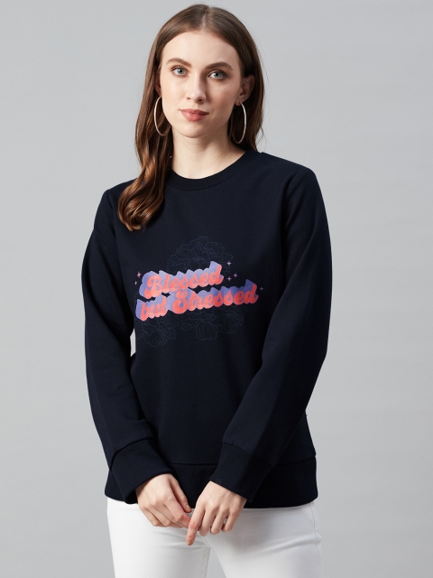 

Femella Women Navy Blue & Coral Orange Typography Print Sweatshirt
