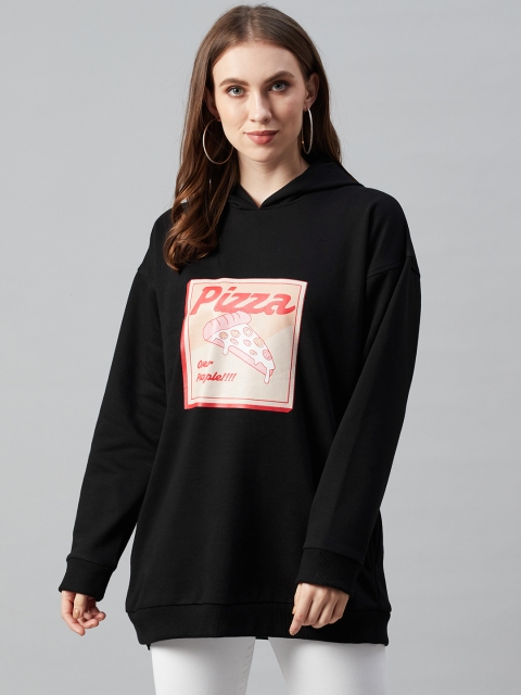 

Femella Women Black Printed Oversized Hooded Sweatshirt