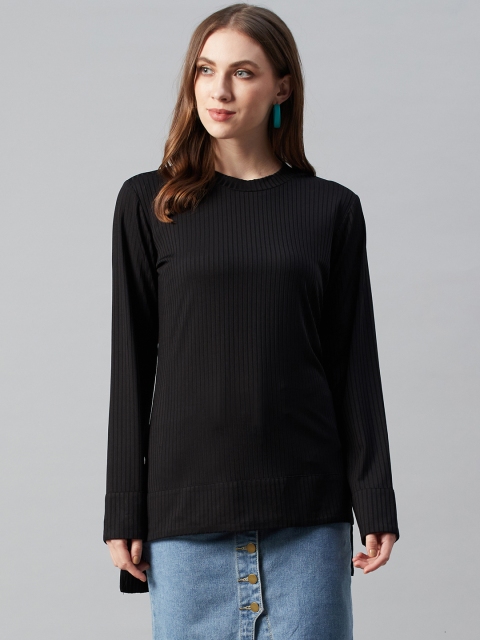 

Femella Women Black Self-Striped Longline High-Low Top