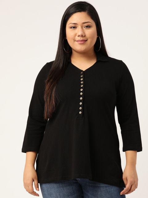 

Revolution Women Plus Size Black Solid Pure Cotton Polo Collar T-shirt