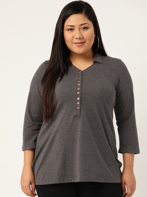 

Revolution Women Plus Size Grey Melange Solid Polo Collar T-shirt