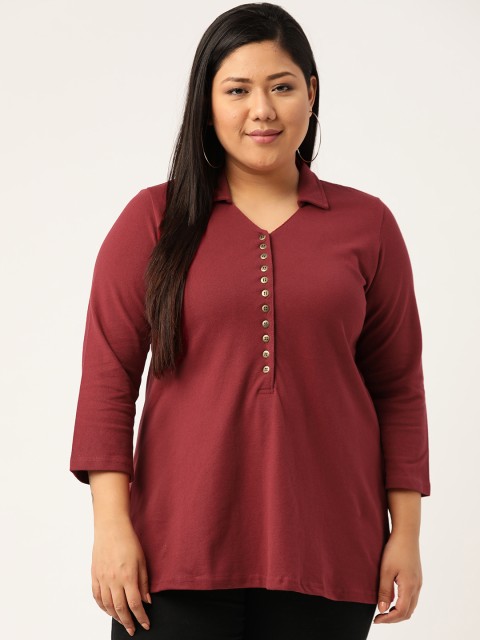 

Revolution Women Plus Size Maroon Solid Polo Collar T-shirt