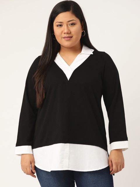 

Revolution Plus Size Women Black Pure Cotton Colourblocked Shirt Style Top
