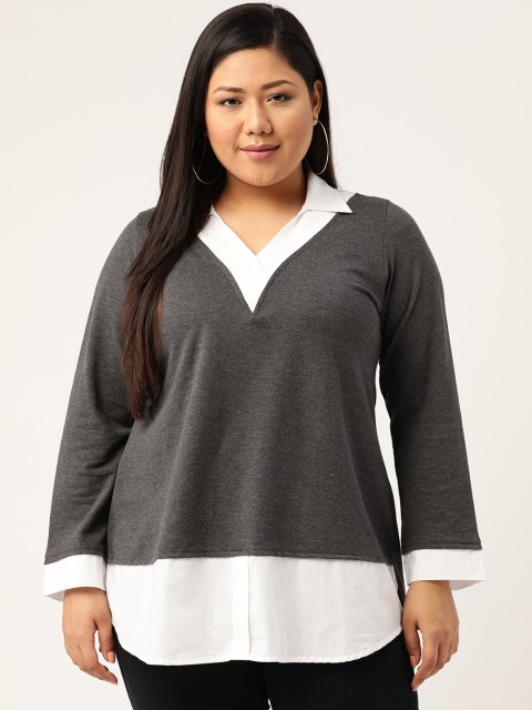 

Revolution Women Plus Size Charcoal Grey & White Shirt Collar Solid Pure Cotton Top