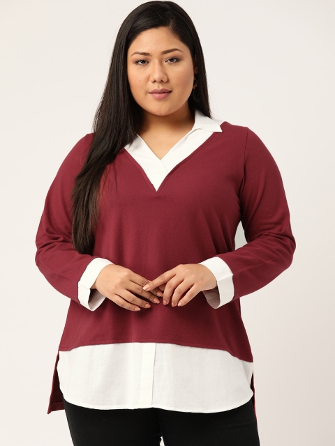 

Revolution Plus Size Women Maroon & White Solid Pure Cotton Top